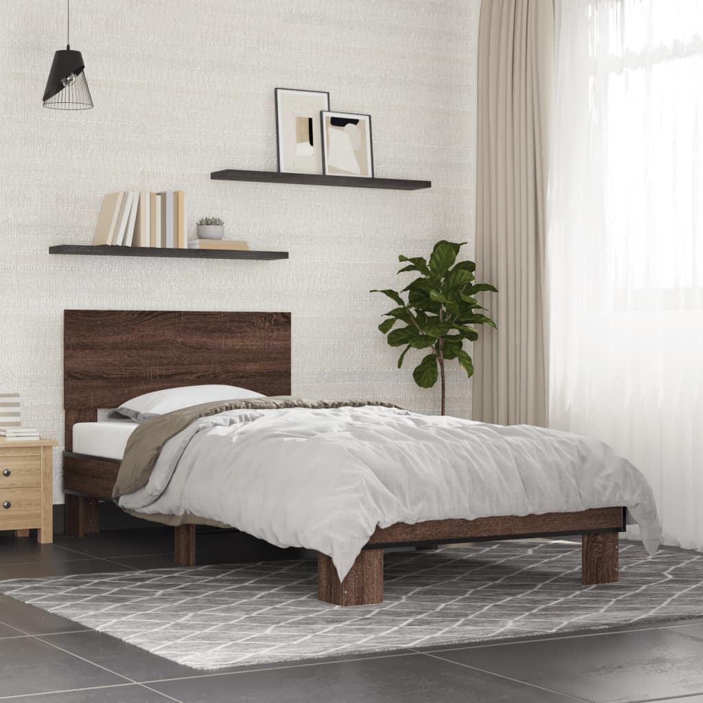 Bedframe bewerkt hout en metaal bruin eikenkleurig 90x190 cm is nu te koop bij PeponiXL, paradijselijk wonen!