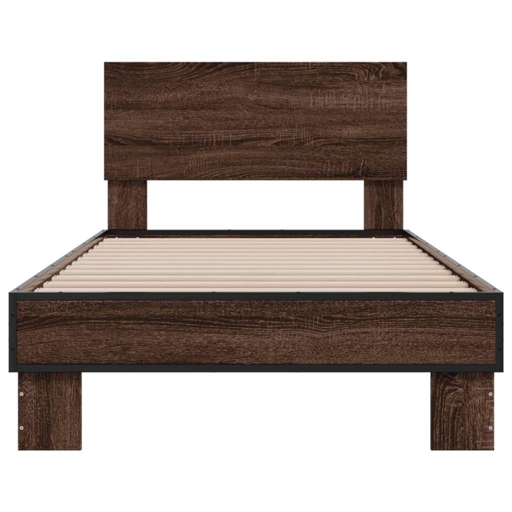 Bedframe bewerkt hout en metaal bruin eikenkleurig 90x190 cm is nu te koop bij PeponiXL, paradijselijk wonen!