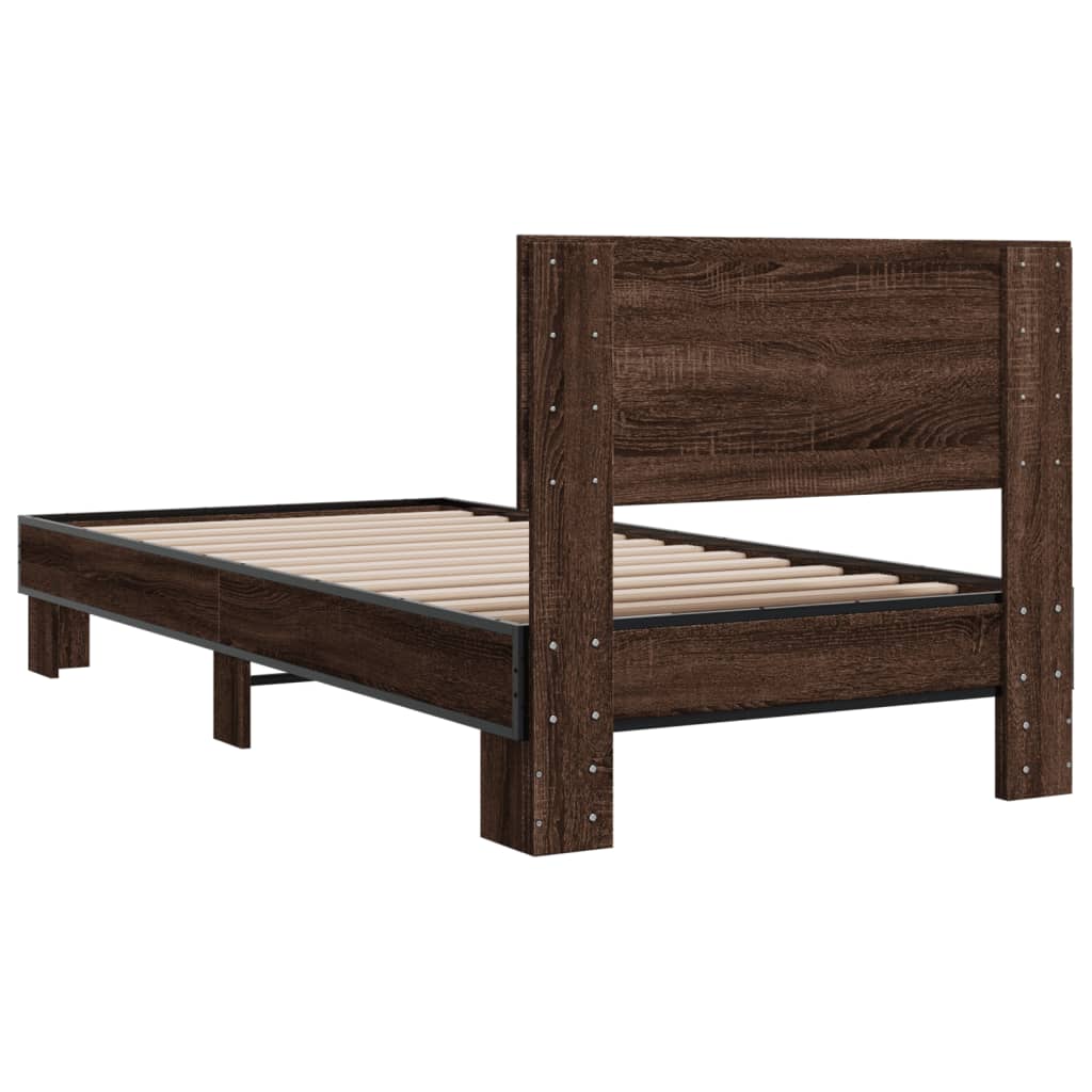 Bedframe bewerkt hout en metaal bruin eikenkleurig 90x190 cm is nu te koop bij PeponiXL, paradijselijk wonen!