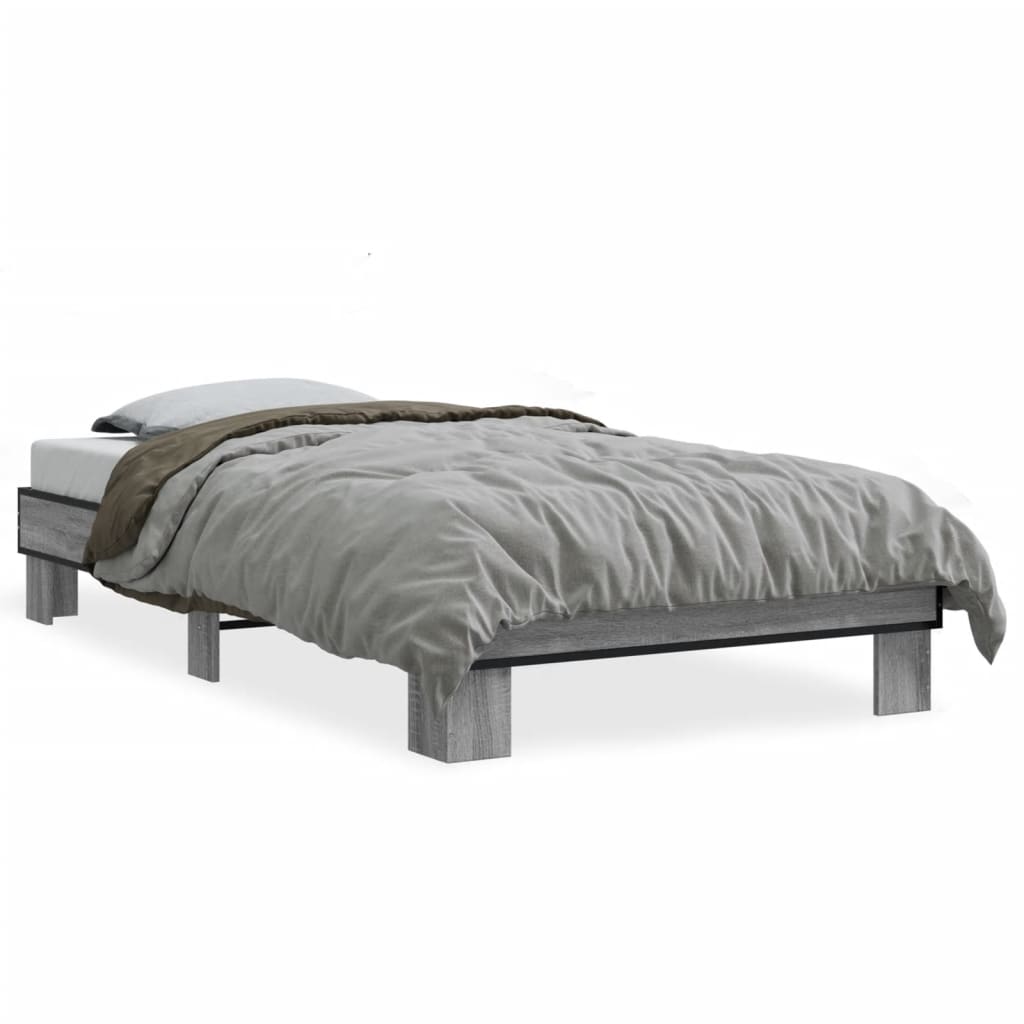 Bedframe bewerkt hout en metaal grijs sonoma eiken 100x200 cm is nu te koop bij PeponiXL, paradijselijk wonen!
