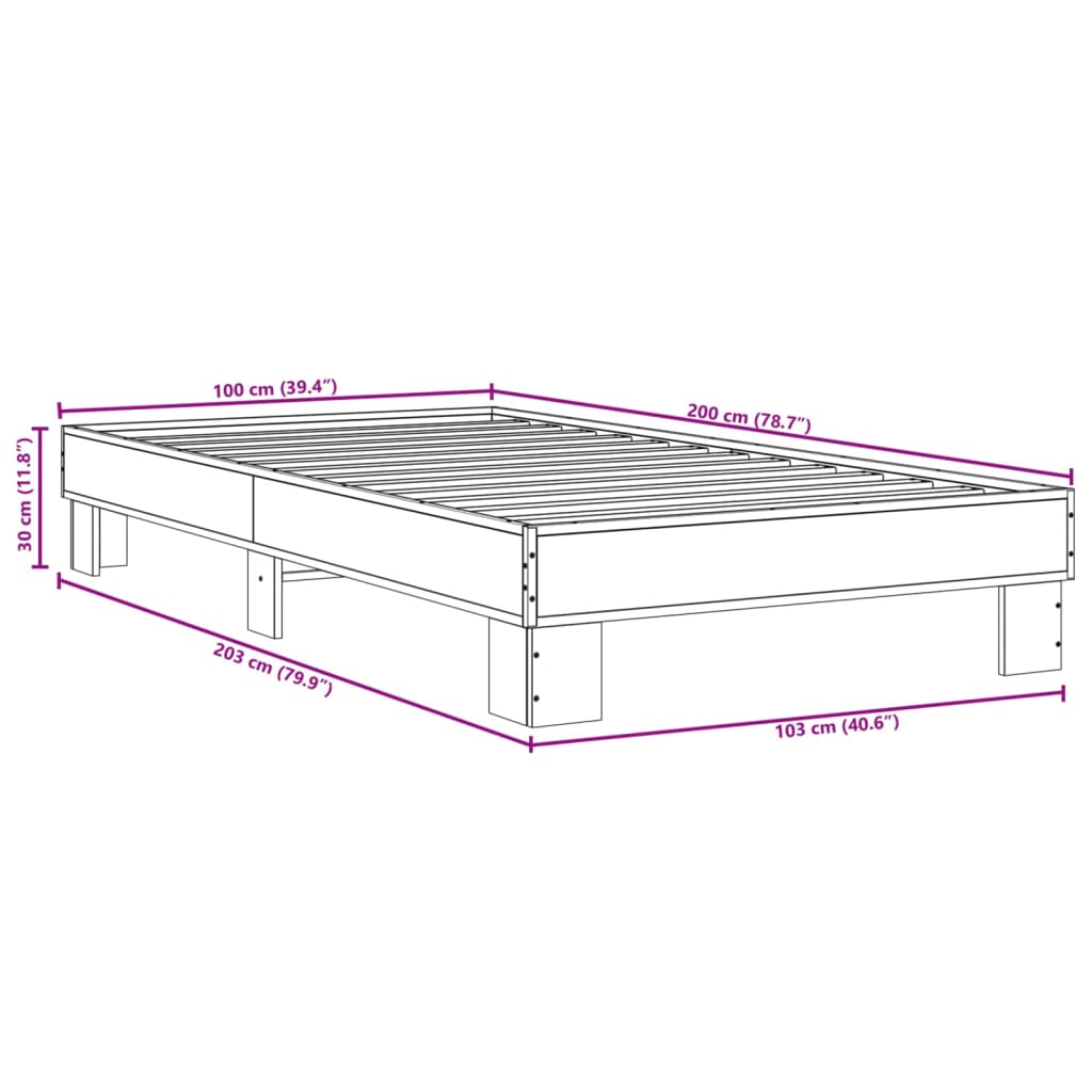 Bedframe bewerkt hout en metaal grijs sonoma eiken 100x200 cm is nu te koop bij PeponiXL, paradijselijk wonen!