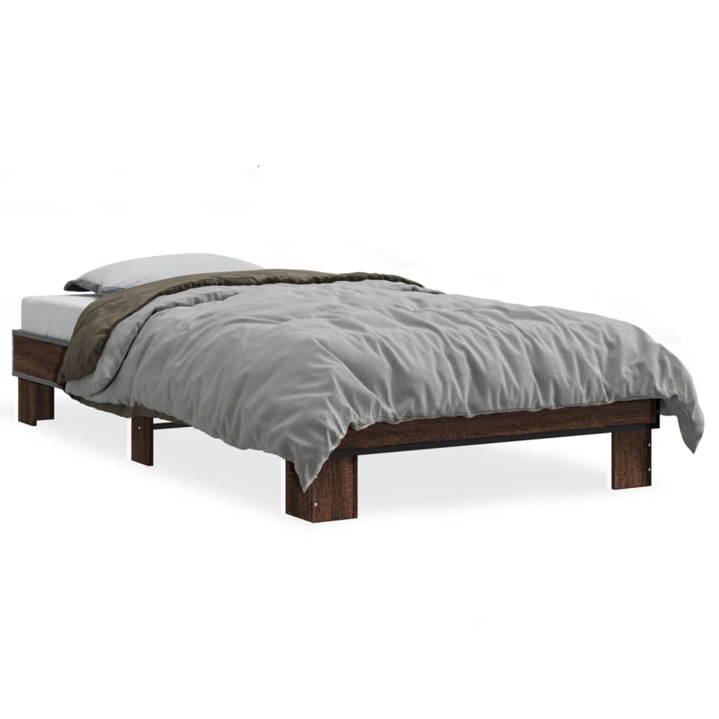 Bedframe bewerkt hout en metaal bruin eikenkleurig 100x200 cm is nu te koop bij PeponiXL, paradijselijk wonen!
