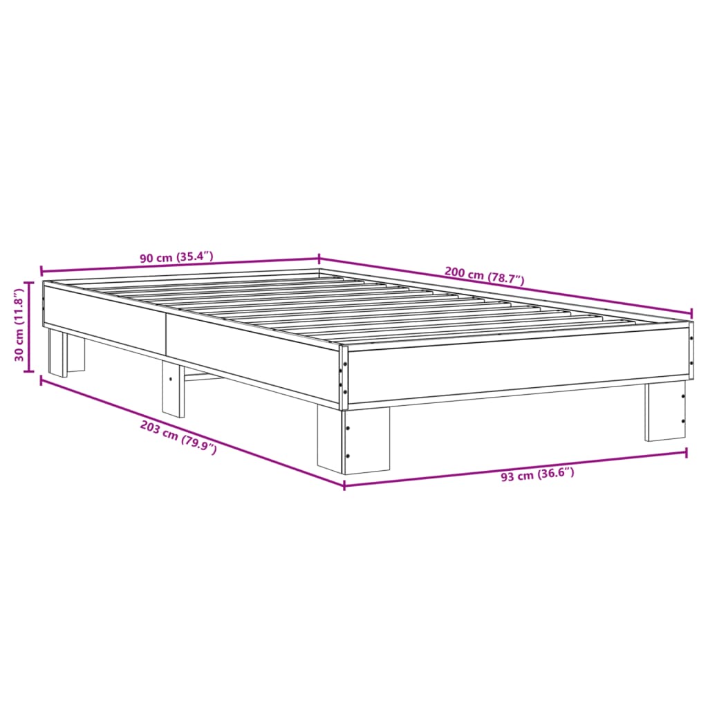 Bedframe bewerkt hout en metaal grijs sonoma eiken 90x200 cm is nu te koop bij PeponiXL, paradijselijk wonen!