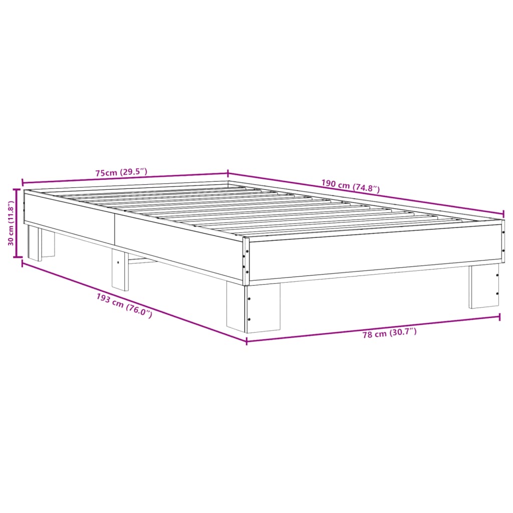 Bedframe bewerkt hout en metaal grijs sonoma eiken 75x190 cm is nu te koop bij PeponiXL, paradijselijk wonen!