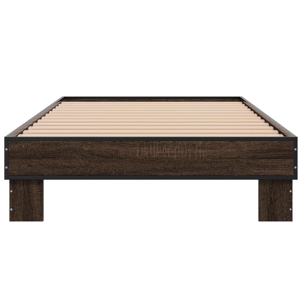 Bedframe bewerkt hout en metaal bruin eikenkleurig 75x190 cm is nu te koop bij PeponiXL, paradijselijk wonen!