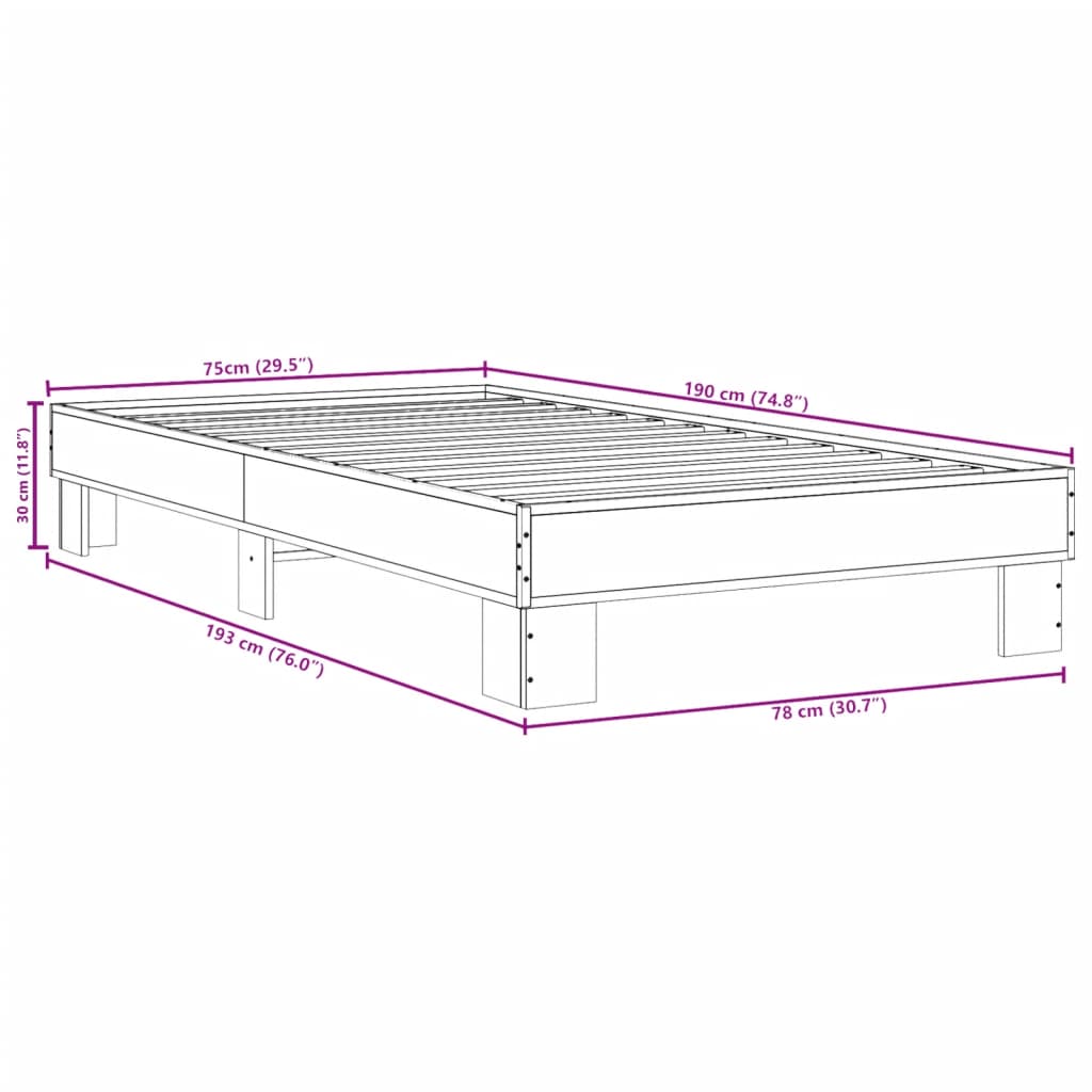 Bedframe bewerkt hout en metaal bruin eikenkleurig 75x190 cm is nu te koop bij PeponiXL, paradijselijk wonen!