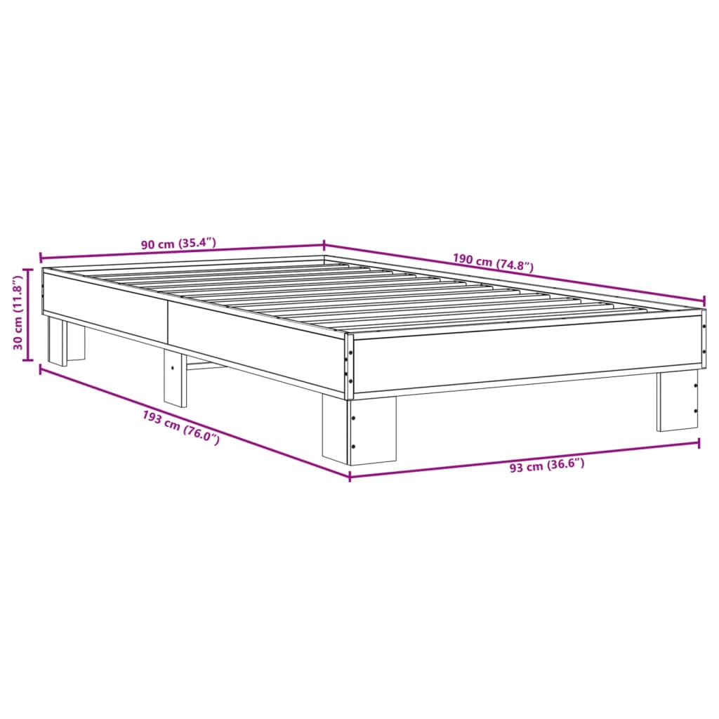 Bedframe bewerkt hout en metaal bruin eikenkleurig 90x190 cm is nu te koop bij PeponiXL, paradijselijk wonen!