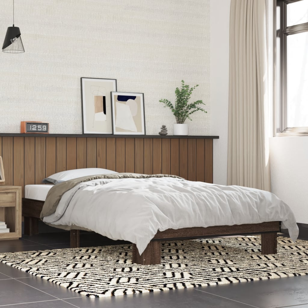 Bedframe bewerkt hout en metaal bruin eikenkleurig 90x190 cm is nu te koop bij PeponiXL, paradijselijk wonen!