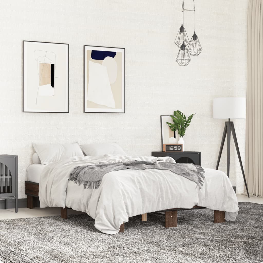 Bedframe bewerkt hout metaal bruin eikenkleur 135x190 cm is nu te koop bij PeponiXL, paradijselijk wonen!