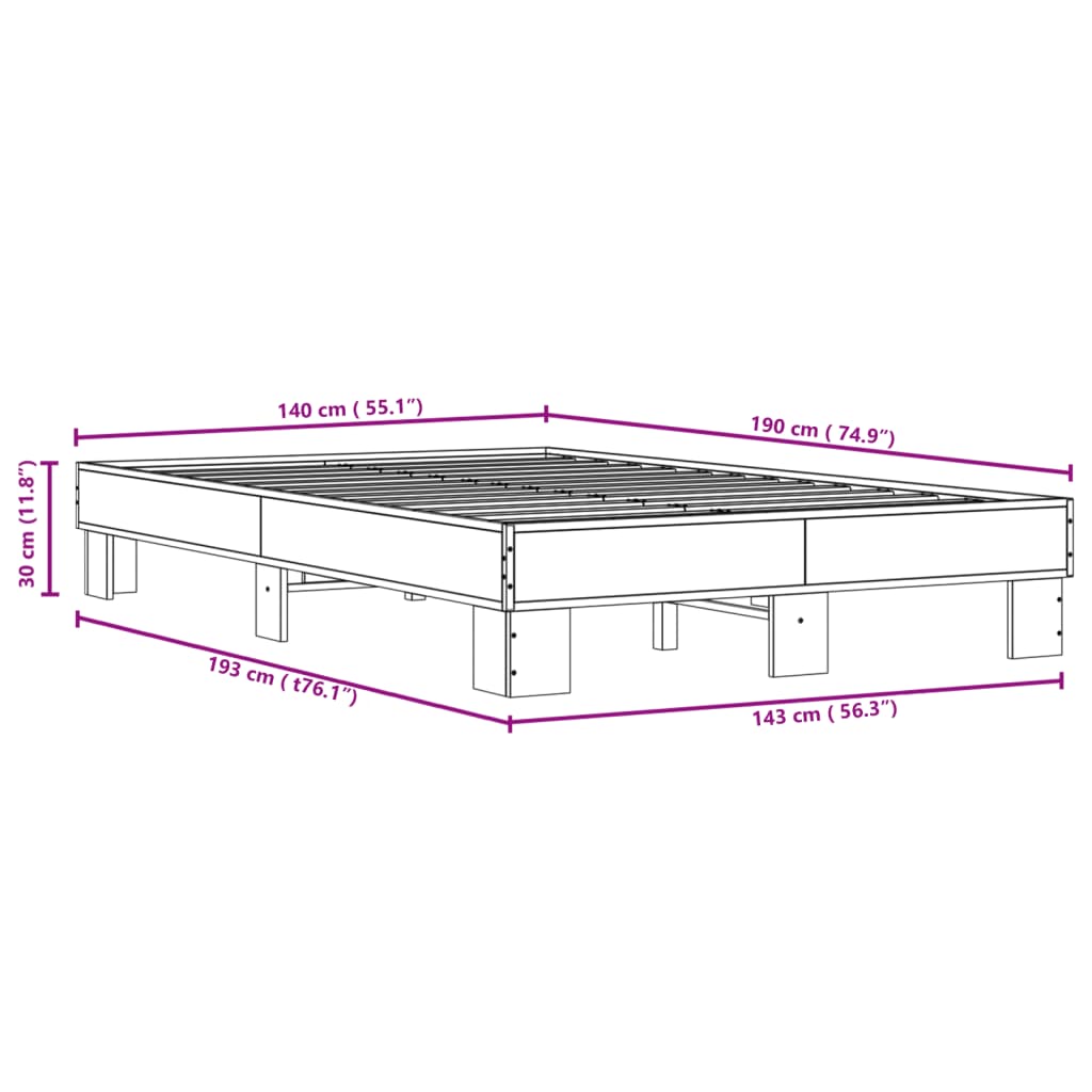 Bedframe bewerkt hout metaal gerookt eikenkleurig 140x190 cm is nu te koop bij PeponiXL, paradijselijk wonen!