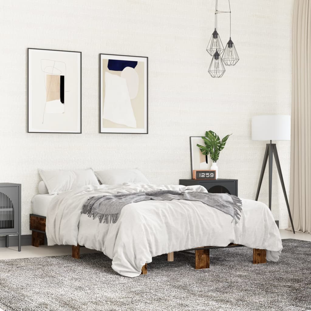 Bedframe bewerkt hout metaal gerookt eikenkleurig 140x190 cm is nu te koop bij PeponiXL, paradijselijk wonen!