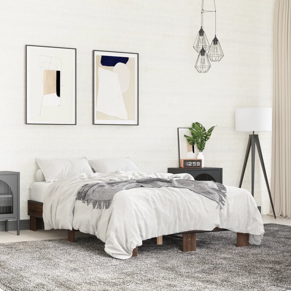 Bedframe bewerkt hout metaal bruin eikenkleur 140x190 cm is nu te koop bij PeponiXL, paradijselijk wonen!