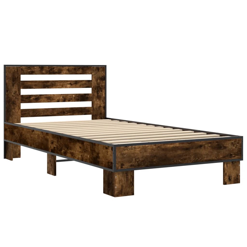 Bedframe bewerkt hout en metaal gerookt eikenkleurig 90x190 cm