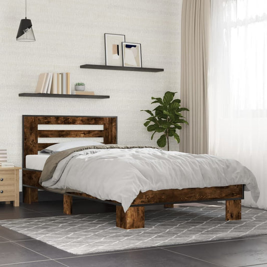 Bedframe bewerkt hout en metaal gerookt eikenkleurig 90x190 cm is nu te koop bij PeponiXL, paradijselijk wonen!