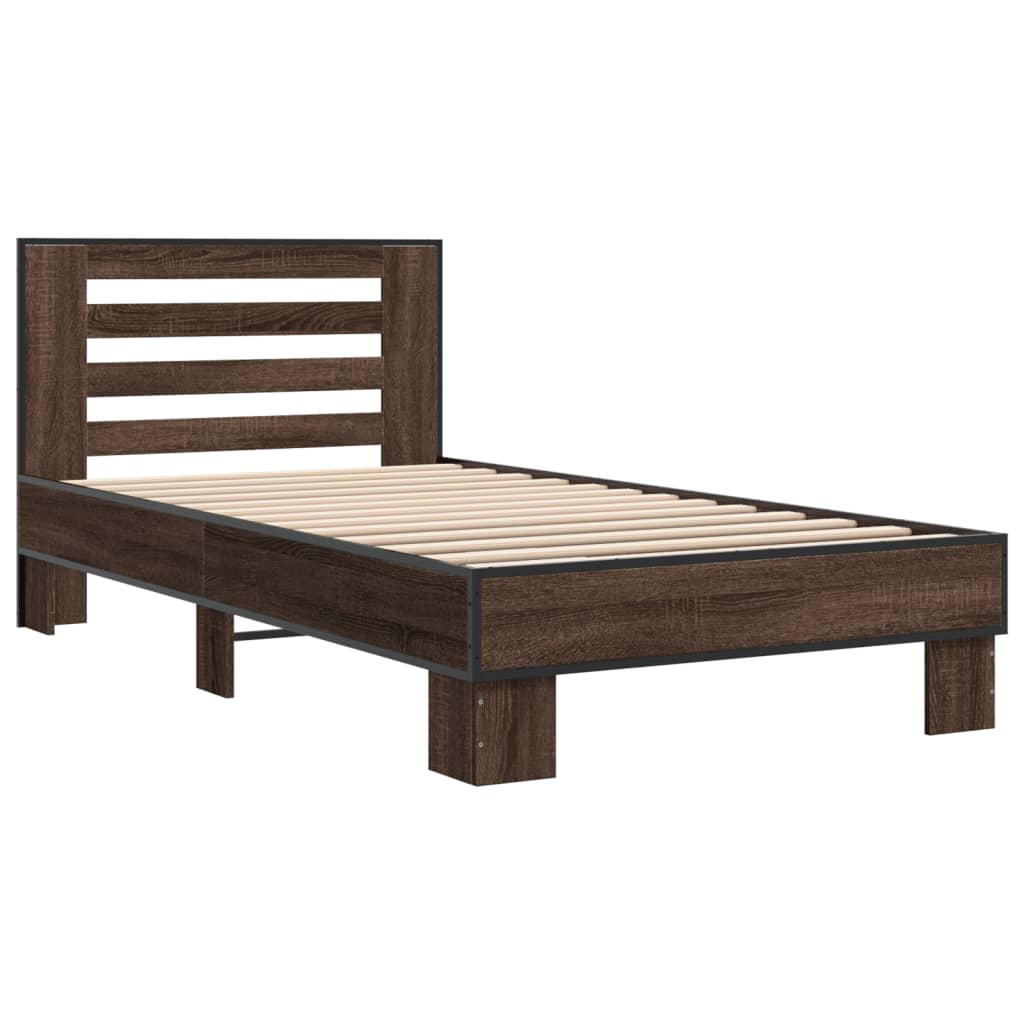 Bedframe bewerkt hout en metaal bruin eikenkleurig 90x190 cm is nu te koop bij PeponiXL, paradijselijk wonen!
