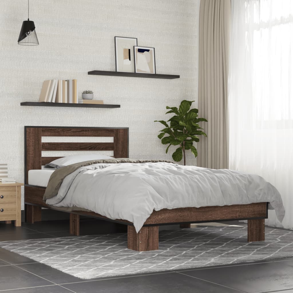 Bedframe bewerkt hout en metaal bruin eikenkleurig 90x190 cm is nu te koop bij PeponiXL, paradijselijk wonen!