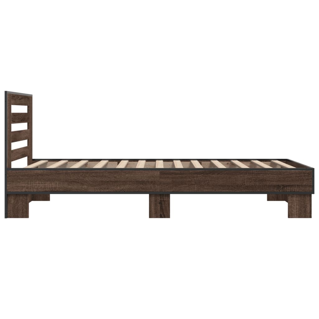 Bedframe bewerkt hout en metaal bruin eikenkleurig 90x190 cm is nu te koop bij PeponiXL, paradijselijk wonen!