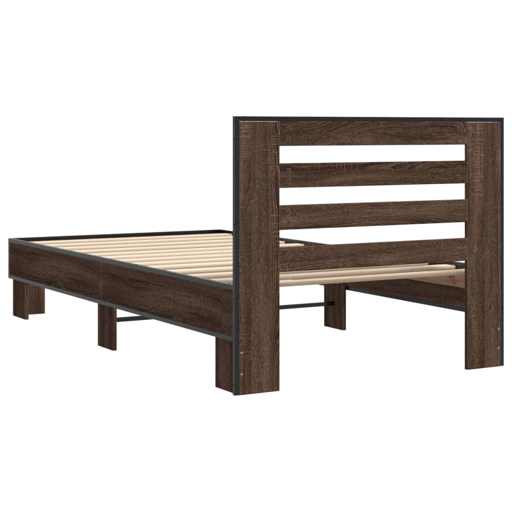 Bedframe bewerkt hout en metaal bruin eikenkleurig 90x190 cm is nu te koop bij PeponiXL, paradijselijk wonen!