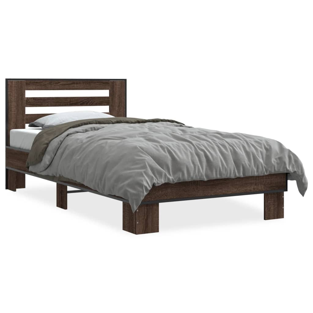 Bedframe bewerkt hout en metaal bruin eikenkleurig 90x190 cm is nu te koop bij PeponiXL, paradijselijk wonen!