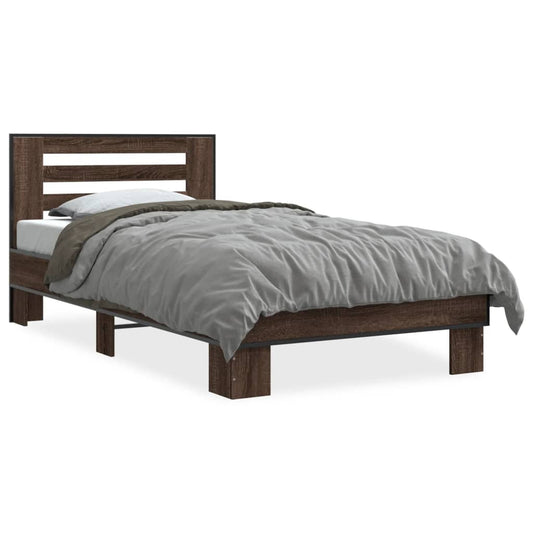 Bedframe bewerkt hout en metaal bruin eikenkleurig 90x190 cm is nu te koop bij PeponiXL, paradijselijk wonen!