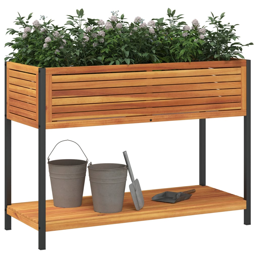 Plantenbak met schap 110x45x80 cm massief acaciahout en staal is nu te koop bij PeponiXL, paradijselijk wonen!