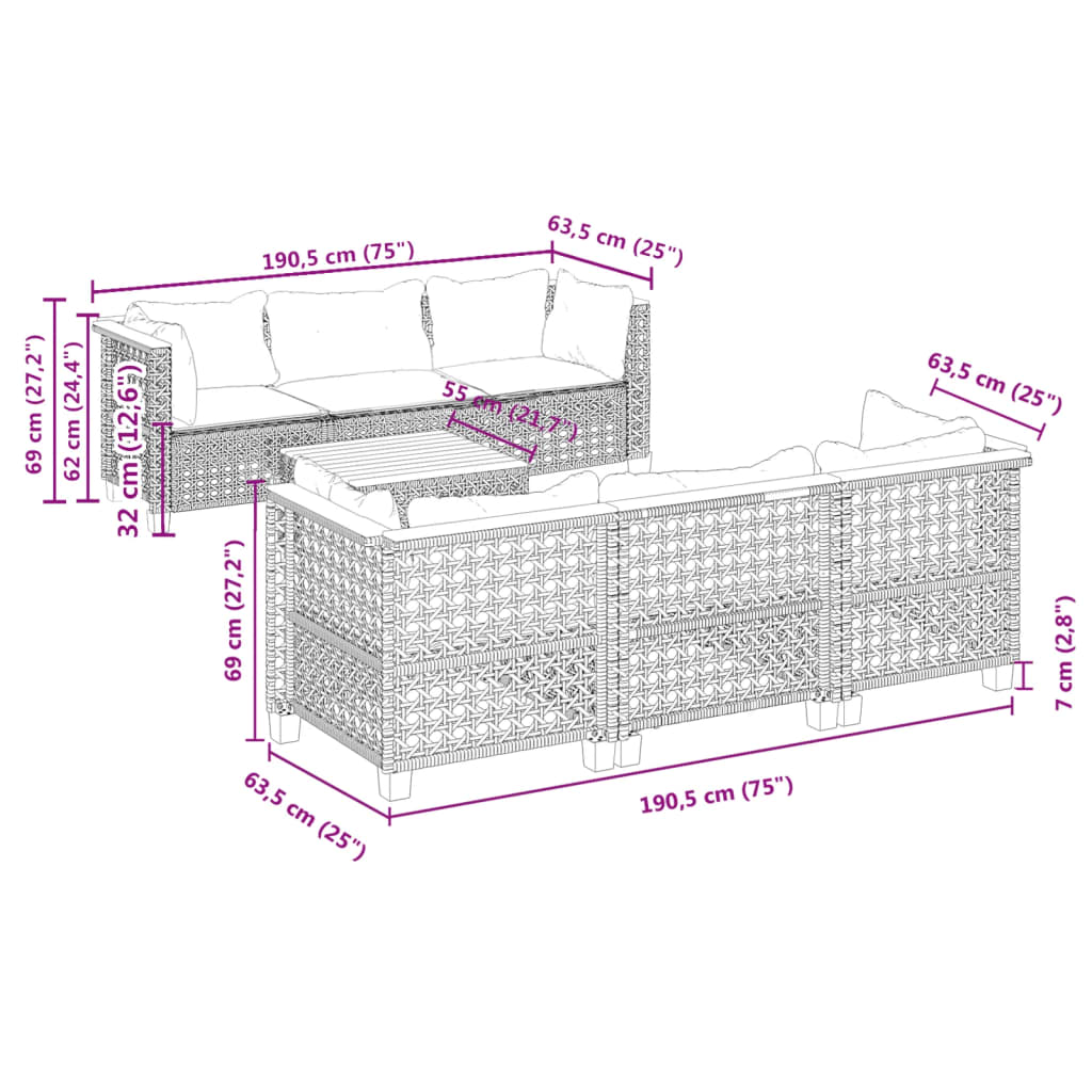 7-delige Loungeset met kussens poly rattan grijs is nu te koop bij PeponiXL, paradijselijk wonen!