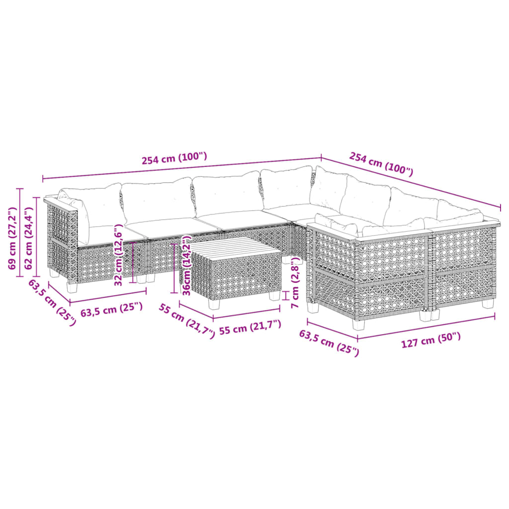 9-delige Loungeset met kussens poly rattan grijs is nu te koop bij PeponiXL, paradijselijk wonen!