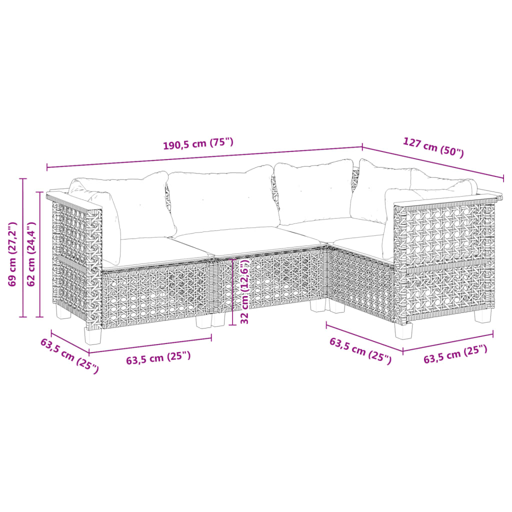 4-delige Loungeset met kussens poly rattan grijs is nu te koop bij PeponiXL, paradijselijk wonen!