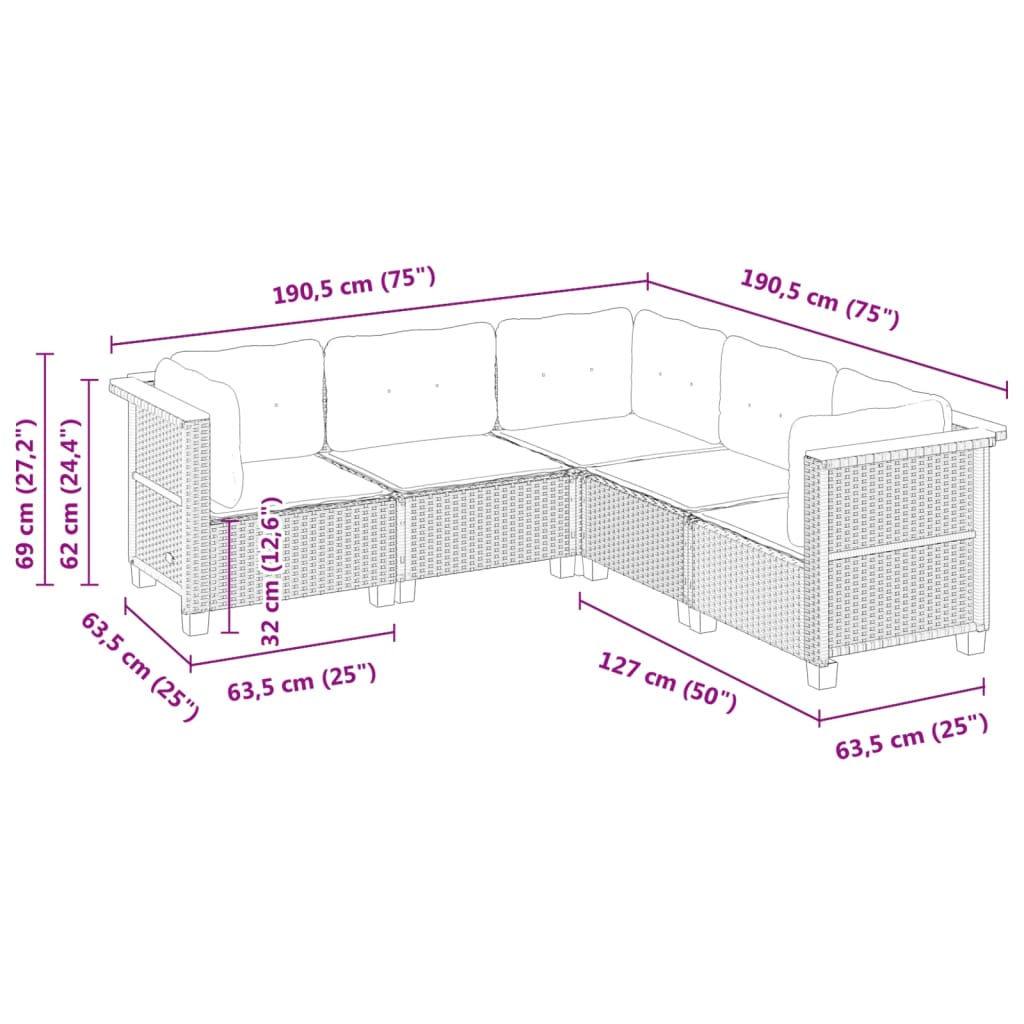 5-delige Loungeset met kussens poly rattan grijs is nu te koop bij PeponiXL, paradijselijk wonen!