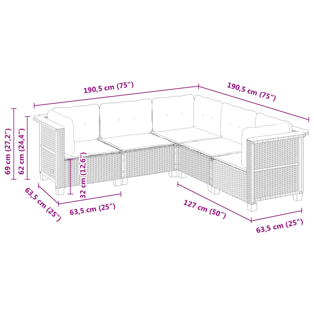 5-delige Loungeset met kussens poly rattan beige is nu te koop bij PeponiXL, paradijselijk wonen!