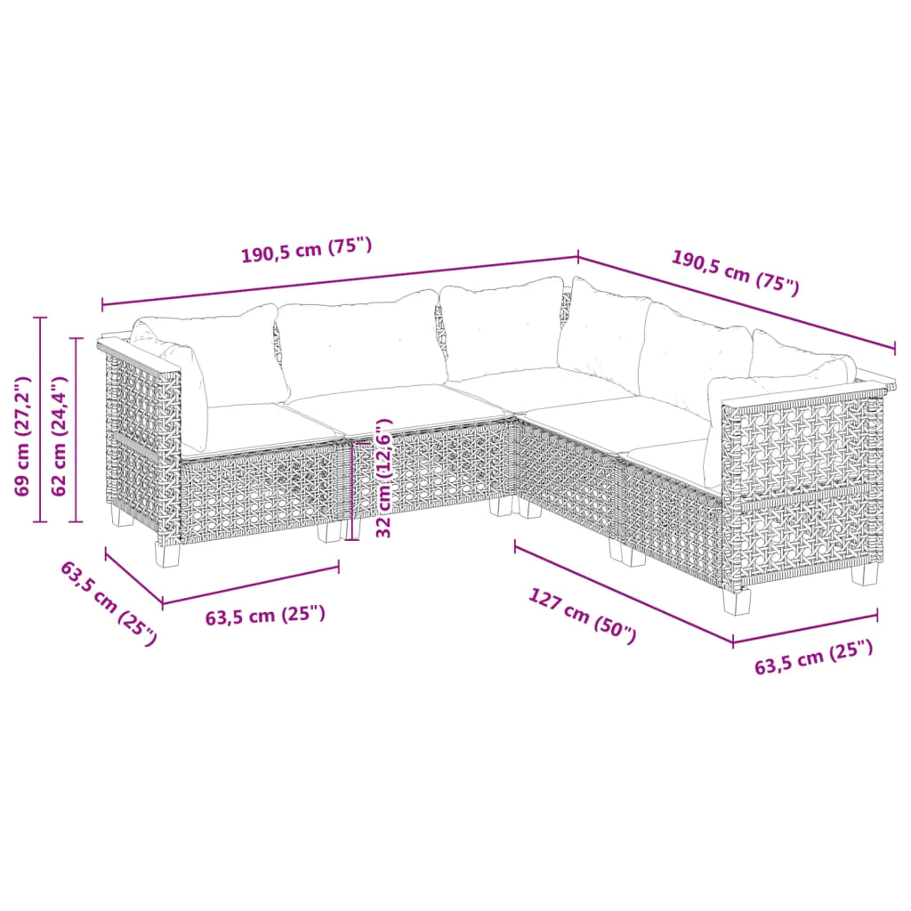 5-delige Loungeset met kussens poly rattan grijs is nu te koop bij PeponiXL, paradijselijk wonen!