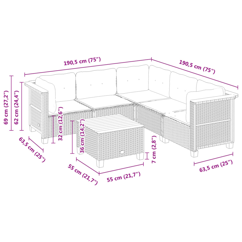 6-delige Loungeset met kussens poly rattan zwart is nu te koop bij PeponiXL, paradijselijk wonen!