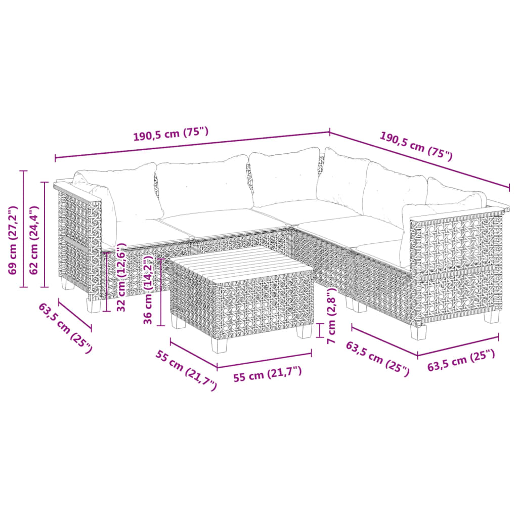 6-delige Loungeset met kussens poly rattan zwart is nu te koop bij PeponiXL, paradijselijk wonen!