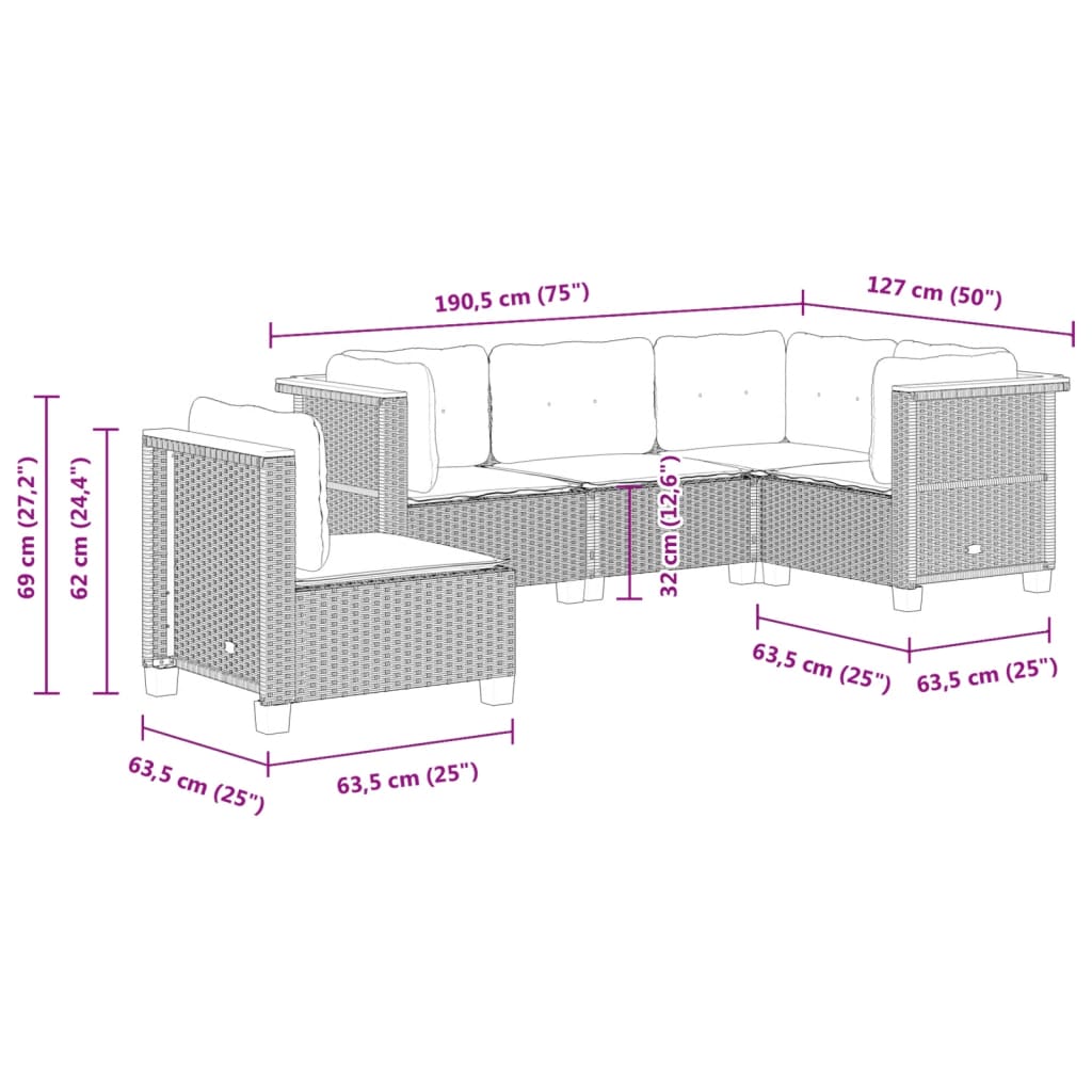 5-delige Loungeset met kussens poly rattan grijs is nu te koop bij PeponiXL, paradijselijk wonen!