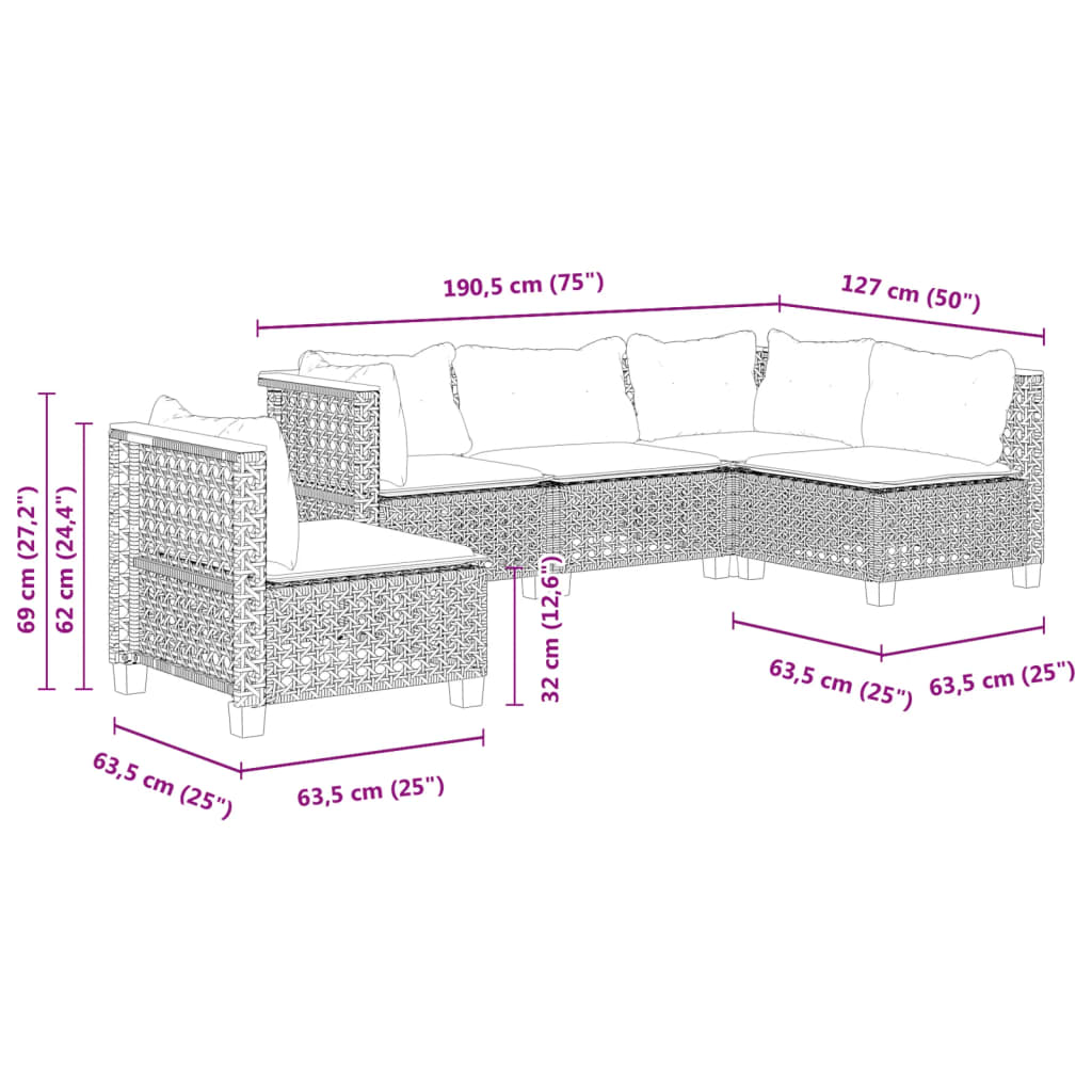 5-delige Loungeset met kussens poly rattan grijs is nu te koop bij PeponiXL, paradijselijk wonen!