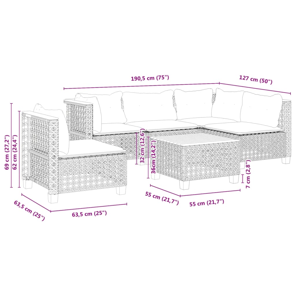 6-delige Loungeset met kussens poly rattan grijs is nu te koop bij PeponiXL, paradijselijk wonen!
