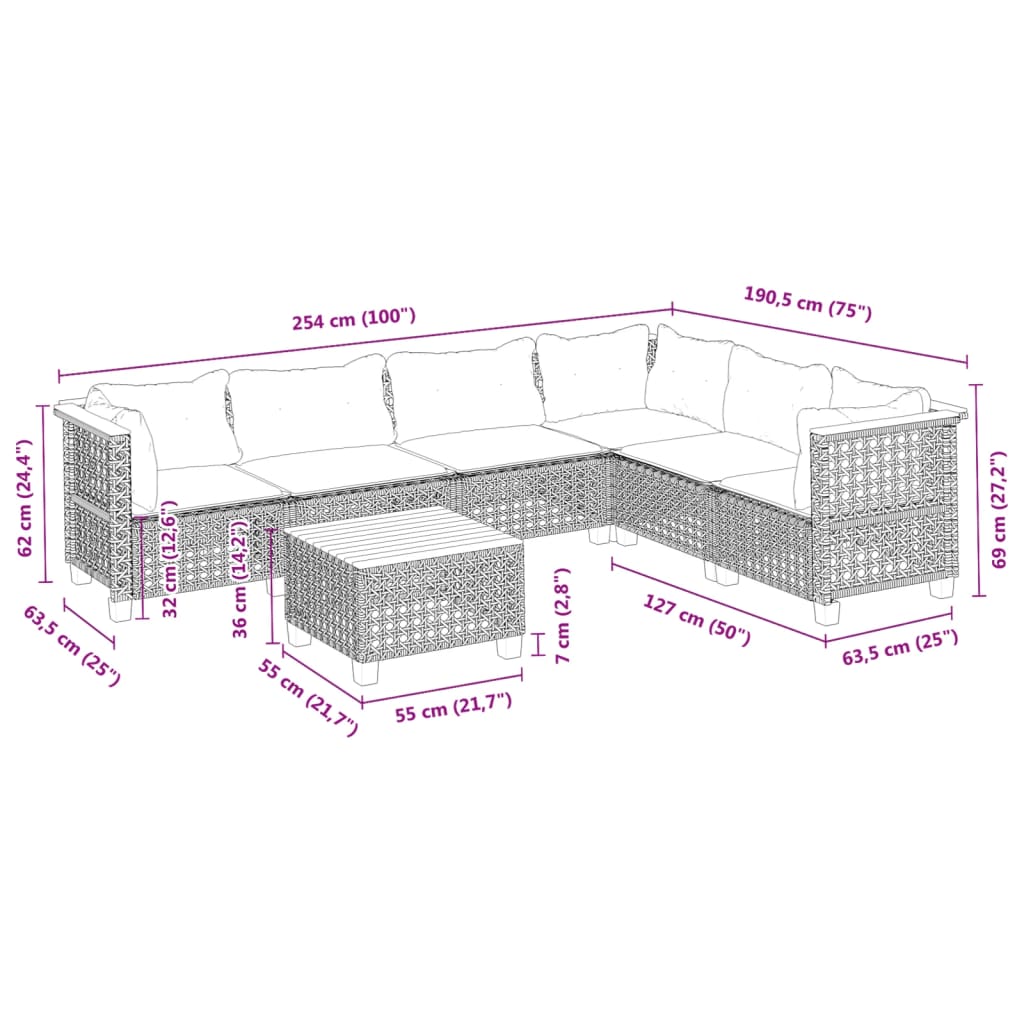 7-delige Loungeset met kussens poly rattan grijs is nu te koop bij PeponiXL, paradijselijk wonen!