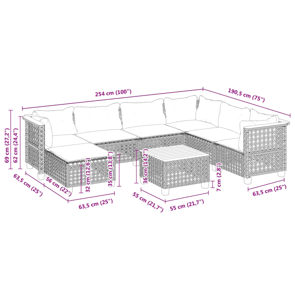 8-delige Loungeset met kussens poly rattan zwart is nu te koop bij PeponiXL, paradijselijk wonen!