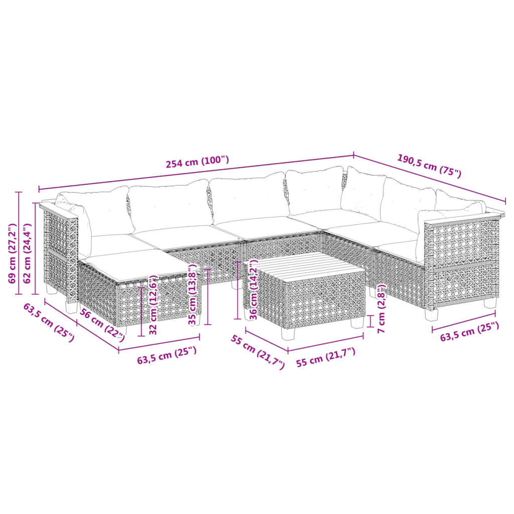 8-delige Loungeset met kussens poly rattan grijs is nu te koop bij PeponiXL, paradijselijk wonen!