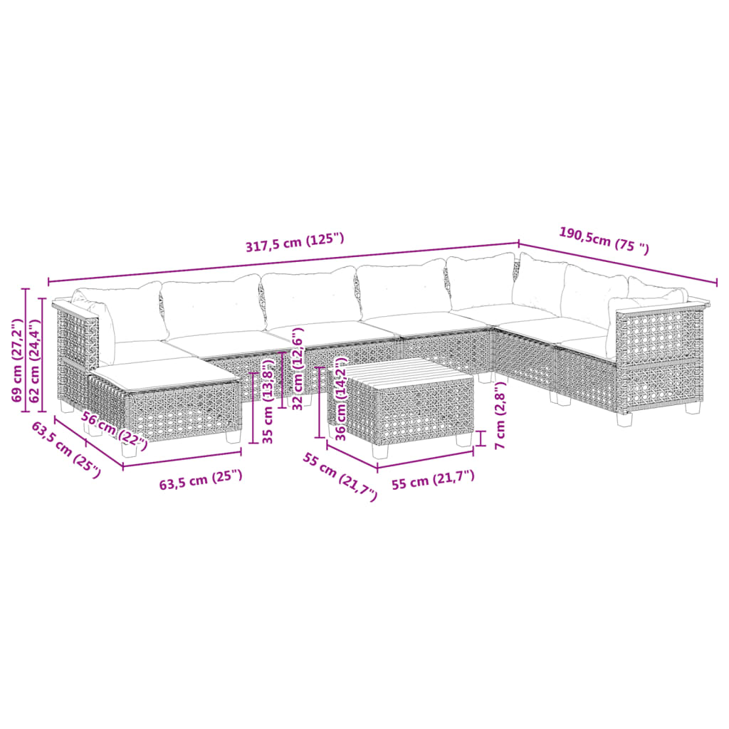 9-delige Loungeset met kussens poly rattan zwart is nu te koop bij PeponiXL, paradijselijk wonen!