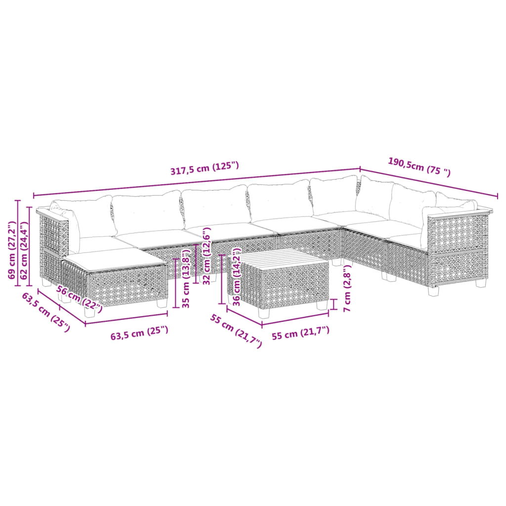 9-delige Loungeset met kussens poly rattan grijs is nu te koop bij PeponiXL, paradijselijk wonen!