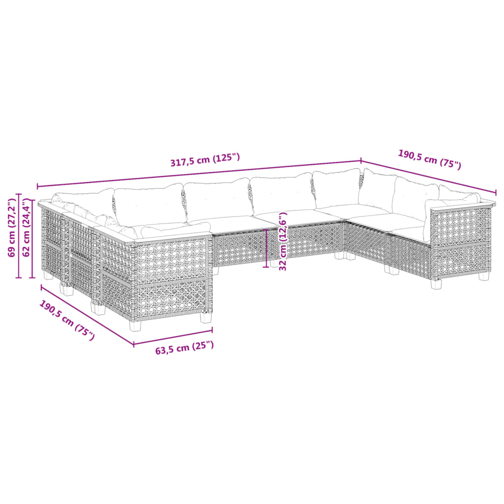 9-delige Loungeset met kussens poly rattan grijs is nu te koop bij PeponiXL, paradijselijk wonen!