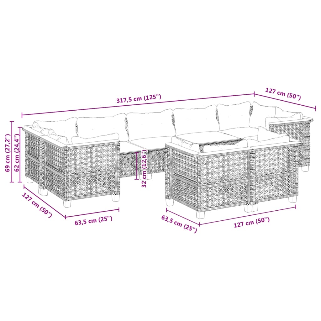 9-delige Loungeset met kussens poly rattan grijs is nu te koop bij PeponiXL, paradijselijk wonen!