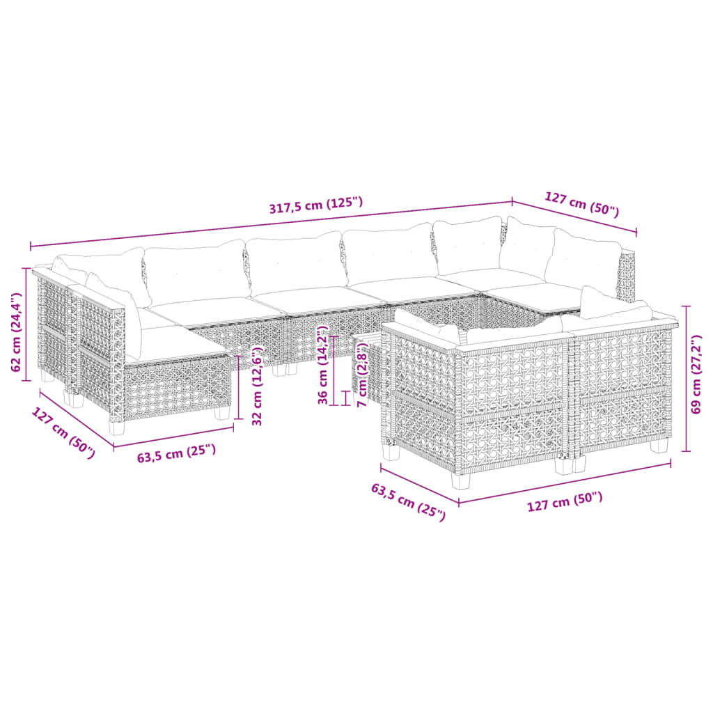 10-delige Loungeset met kussens poly rattan grijs is nu te koop bij PeponiXL, paradijselijk wonen!