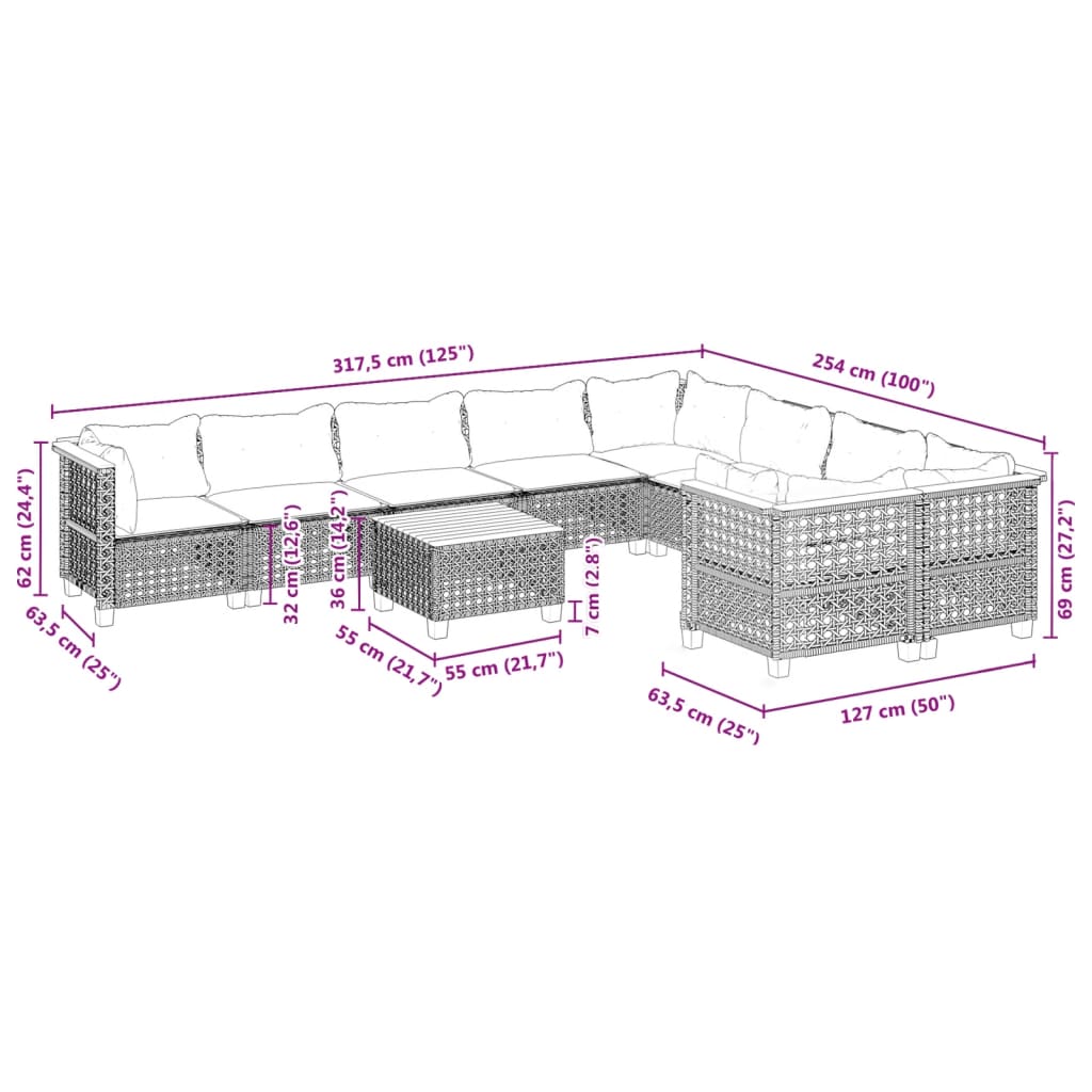 10-delige Loungeset met kussens poly rattan grijs is nu te koop bij PeponiXL, paradijselijk wonen!