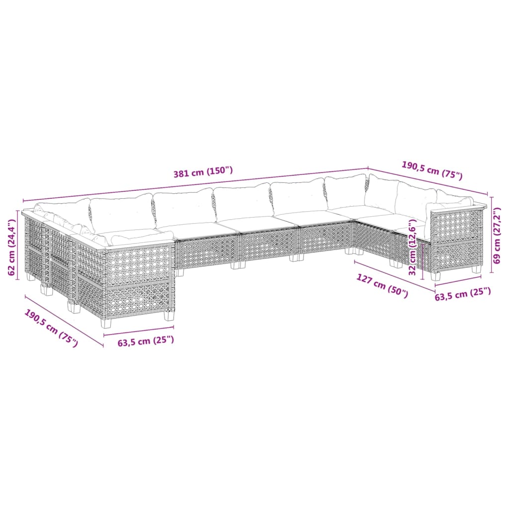 10-delige Loungeset met kussens poly rattan grijs is nu te koop bij PeponiXL, paradijselijk wonen!
