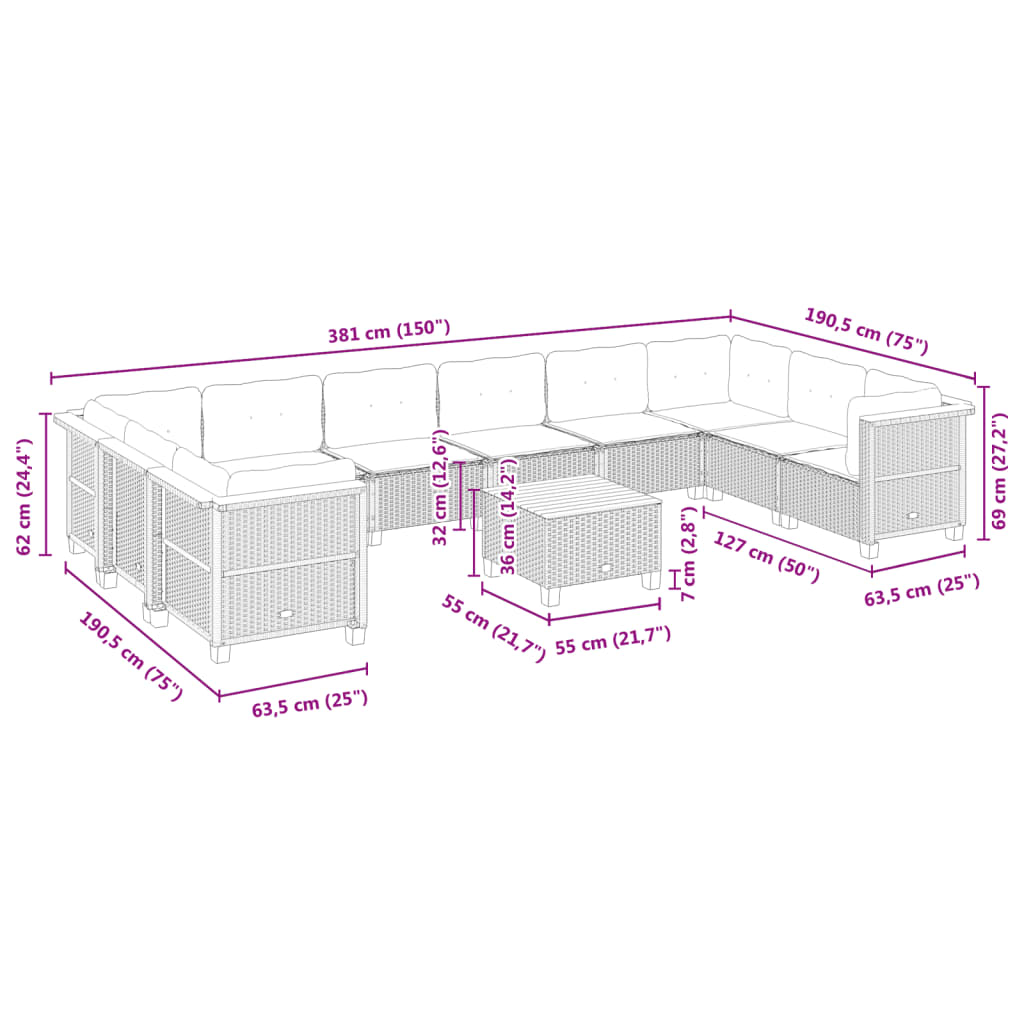 11-delige Loungeset met kussens poly rattan zwart is nu te koop bij PeponiXL, paradijselijk wonen!