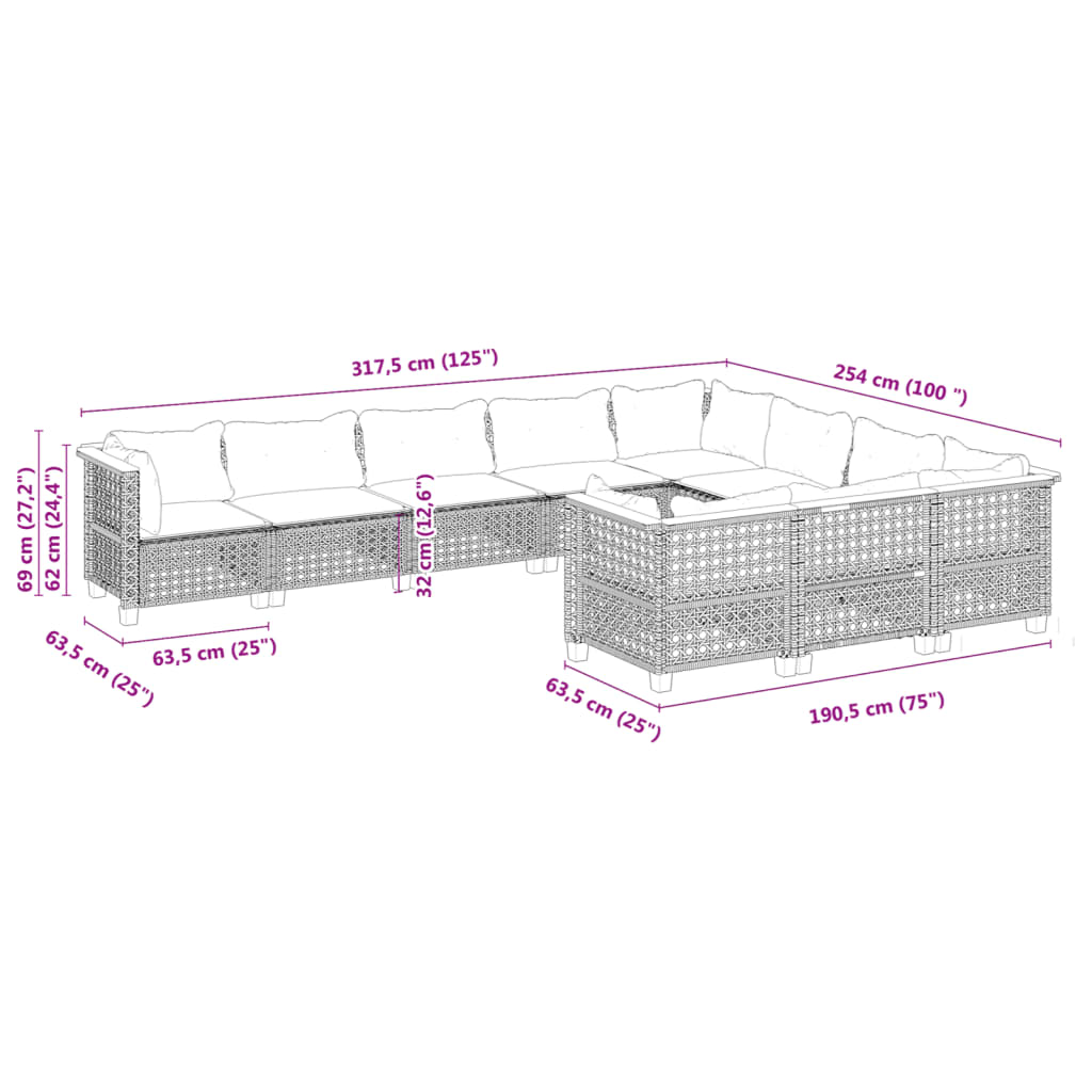10-delige Loungeset met kussens poly rattan grijs is nu te koop bij PeponiXL, paradijselijk wonen!