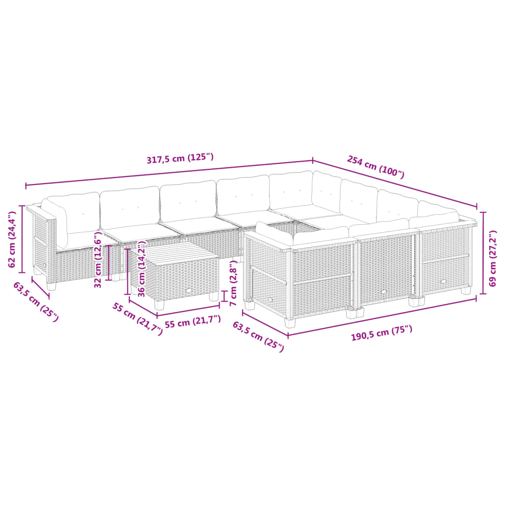 11-delige Loungeset met kussens poly rattan zwart is nu te koop bij PeponiXL, paradijselijk wonen!