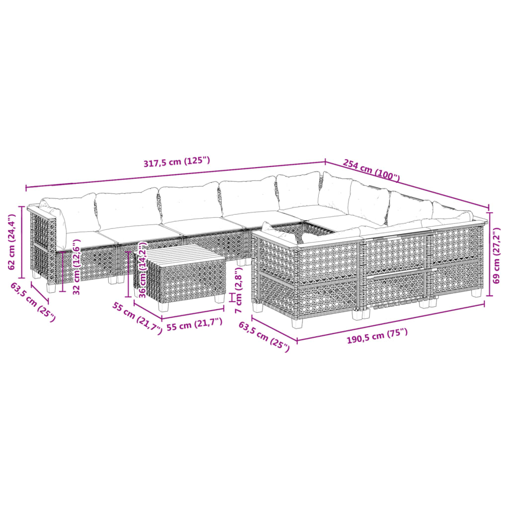 11-delige Loungeset met kussens poly rattan grijs is nu te koop bij PeponiXL, paradijselijk wonen!